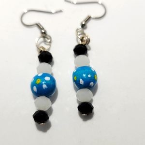 Blue Flower wood bead earrings